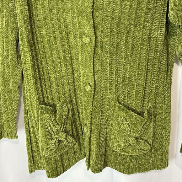 Vintage 90s Small Chenille Sweater Cardigan Peter Pan Collar Pockets Green Cozy - Picture 3 of 9